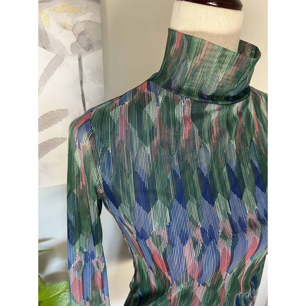 Anthropologie Top Womens XS Green Mesh Turtleneck Sheer Geometric‎ Print Boho - Picture 3 of 8
